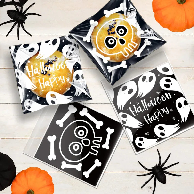 100Pcs Halloween Candy Bags Pumpkin Ghost Plastic Gift Cookie Packaging Bags Halloween Party Decor Supplies Kids Trick or Treat