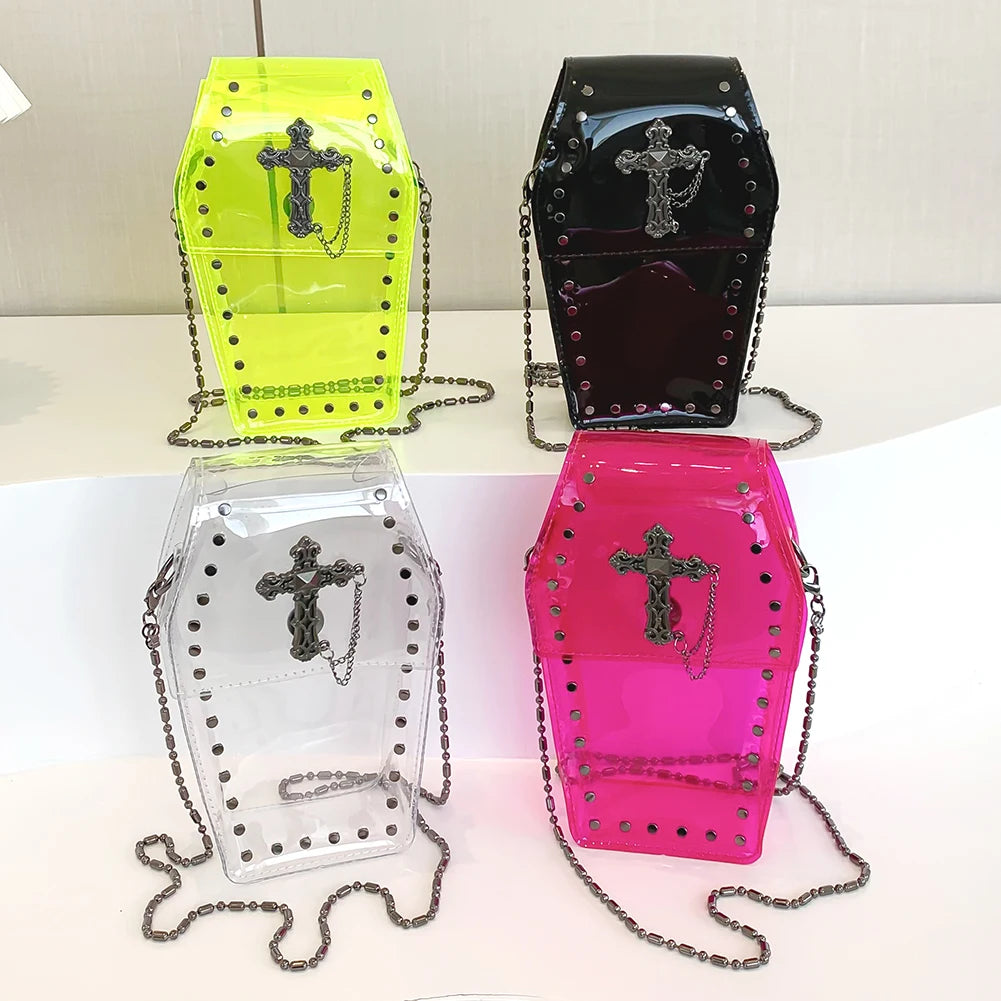 2024 Novelty Coffin Shape Purse Halloween PVC Clear Jelly Chain Crossbody Bag Stadium Approved Phone Bag Punk Retro Shoulder Bag