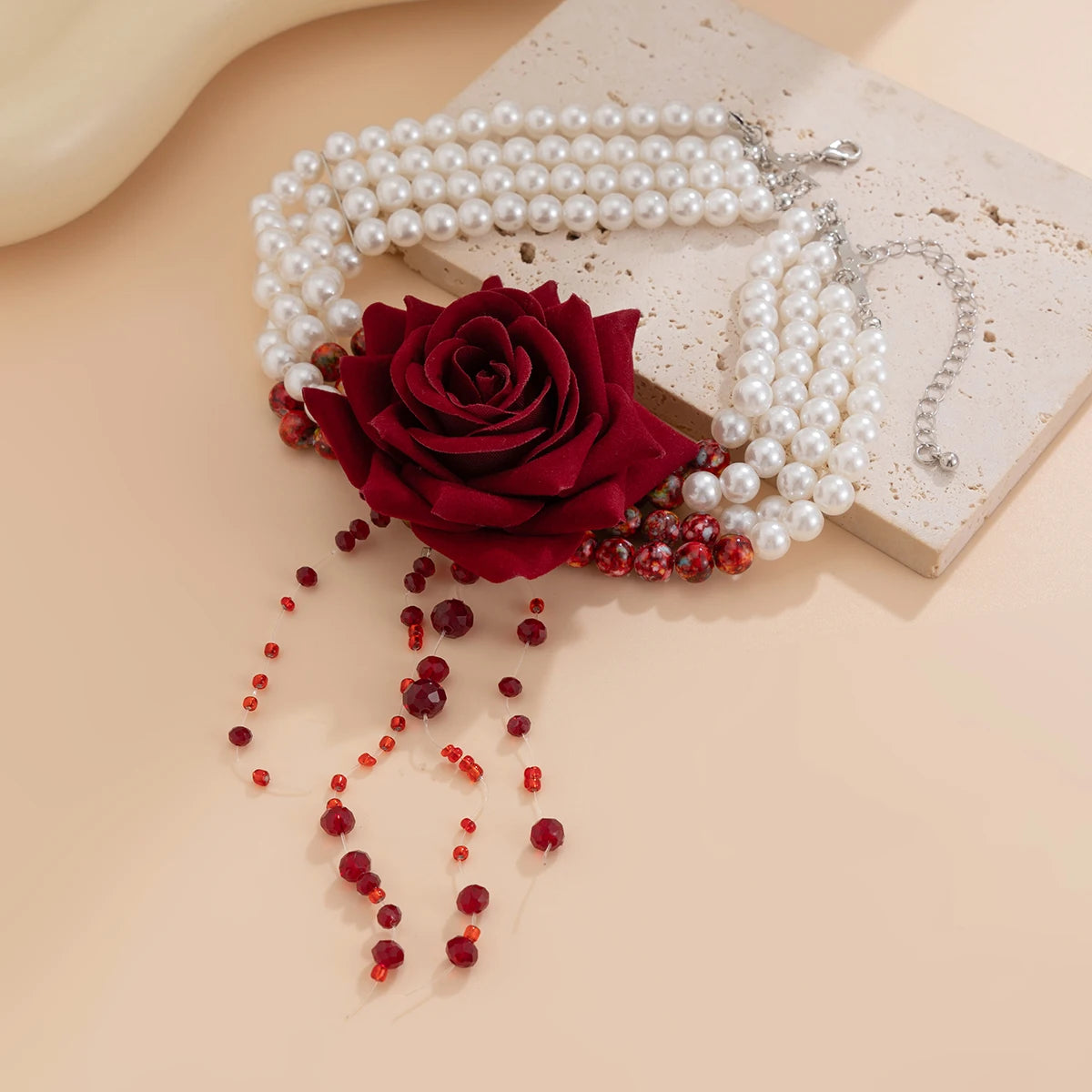 Ingemark Multilayer Imitation Pearl Rose Flower Clavicle Chain Necklace Women Goth Red Crystal Pendant Choker Halloween Jewelry