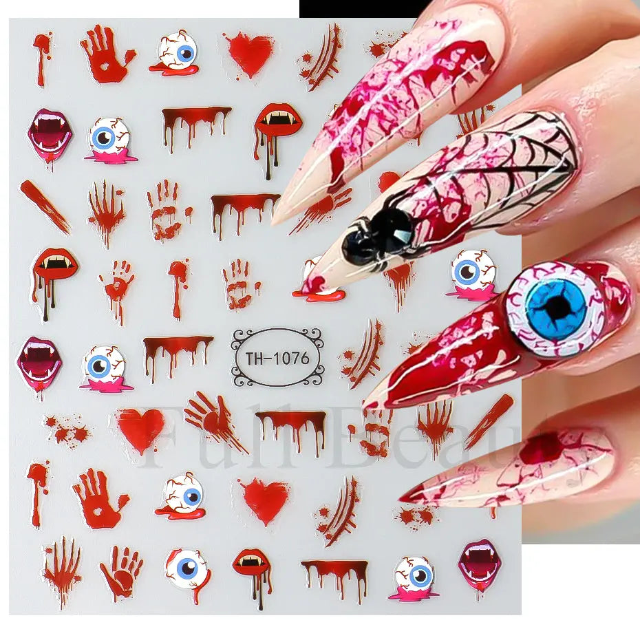 Nail Stickers Halloween Series Bat Skull Bone Ghost Pumpkin Pattern 3D Self Adhesive Decals For Nails Manicure Decoration LATH