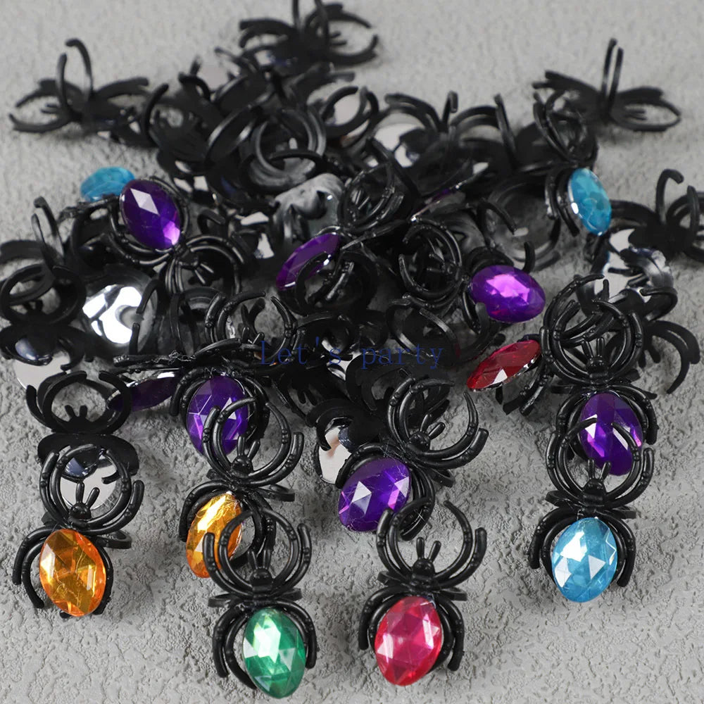 30Pcs Novelty Halloween Plastic Gemstone Spider Ring Toys for Kids Birthday Halloween Party Favors Goodie Bag Pinata Fillers