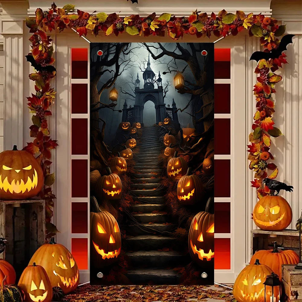 1pc2D flat Halloween theme background cloth banner, scary pumpkin head steps design, Halloween decoration,no power required——sjs