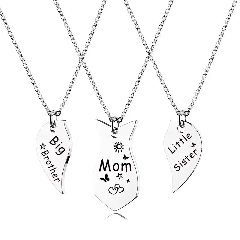 3 PCS Heart Matching Mom Daughter Son Necklace Set Stainless Steel Big Sister Little Sister Necklace Gifts For Mother
