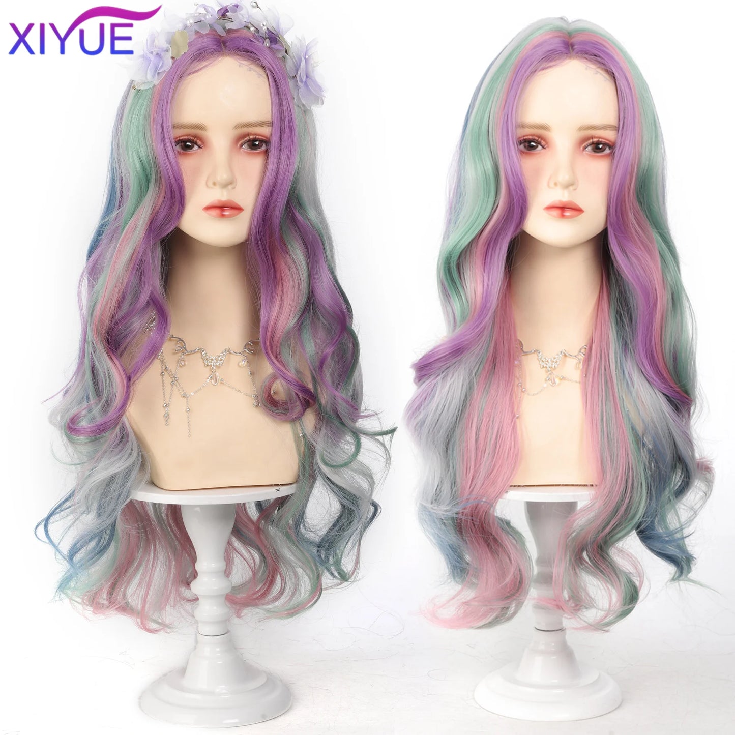 Lace Front Wig Long Straight Synthetic Wigs Light Blue with Ash Highlight Cosplay Wig with Women 、Natural Hair Heat Resistant