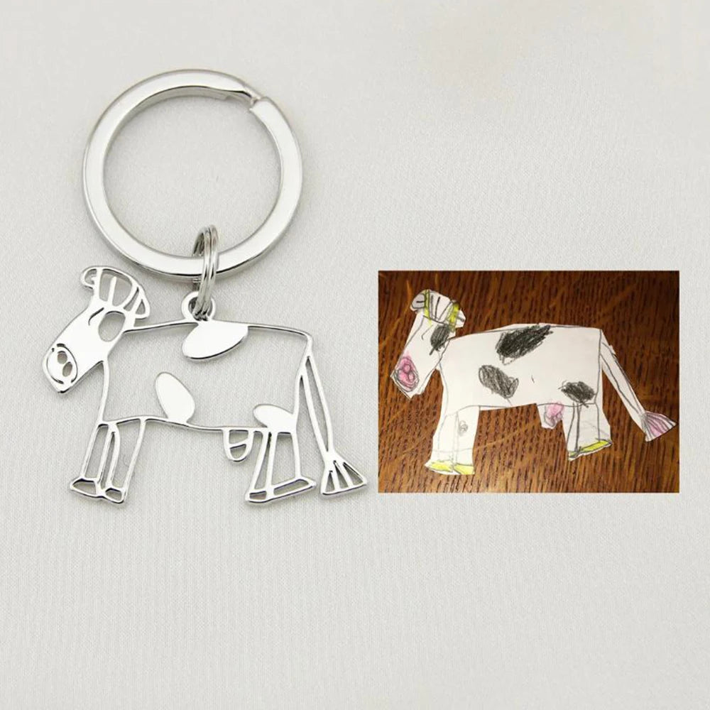 Customized actual children's painting keychain, Personalized photo art work keychain, Dad's memorial gift