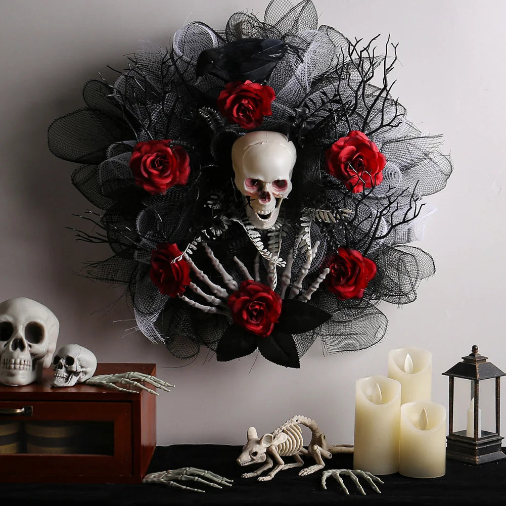 Halloween Wreath Scary Red Rose Wreath Halloween Skeleton Wreath for Haunted Mansion Halloween and Party Supplies