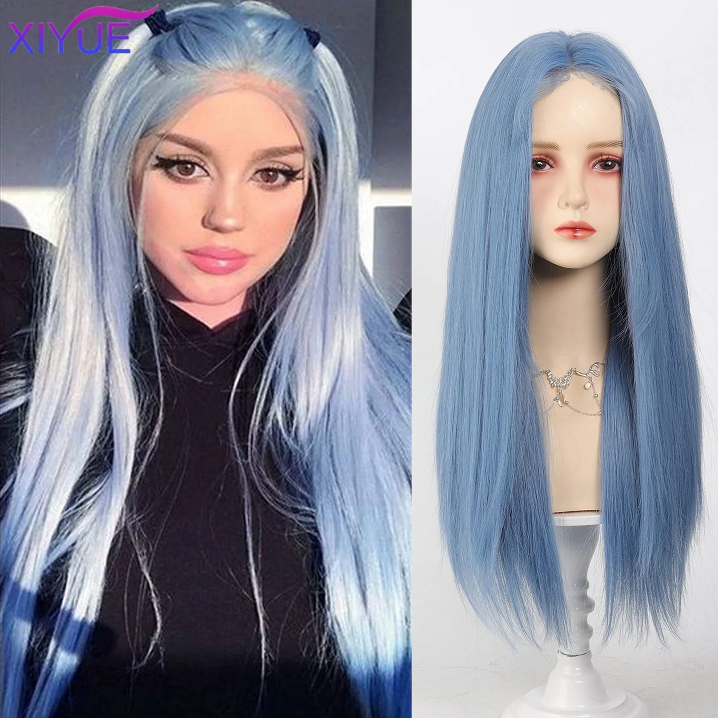 Lace Front Wig Long Straight Synthetic Wigs Light Blue with Ash Highlight Cosplay Wig with Women 、Natural Hair Heat Resistant