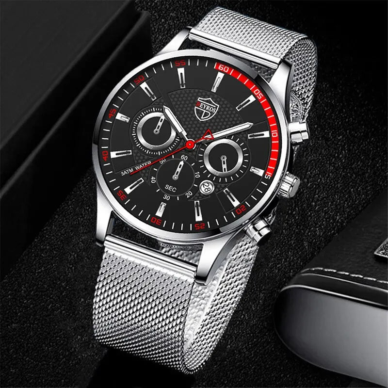 Mens Fashion Sports Watches Men Business Casual Quartz Wrist Watch Luxury Silvery Mesh Belt Watch