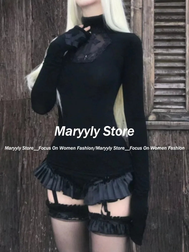 Women Y2k Clothing High Neck Dark Gothic Cross Hollow Slim Bottom Knitted Shirt Halloween Costume Long Sleeve Sexy T-shirt New