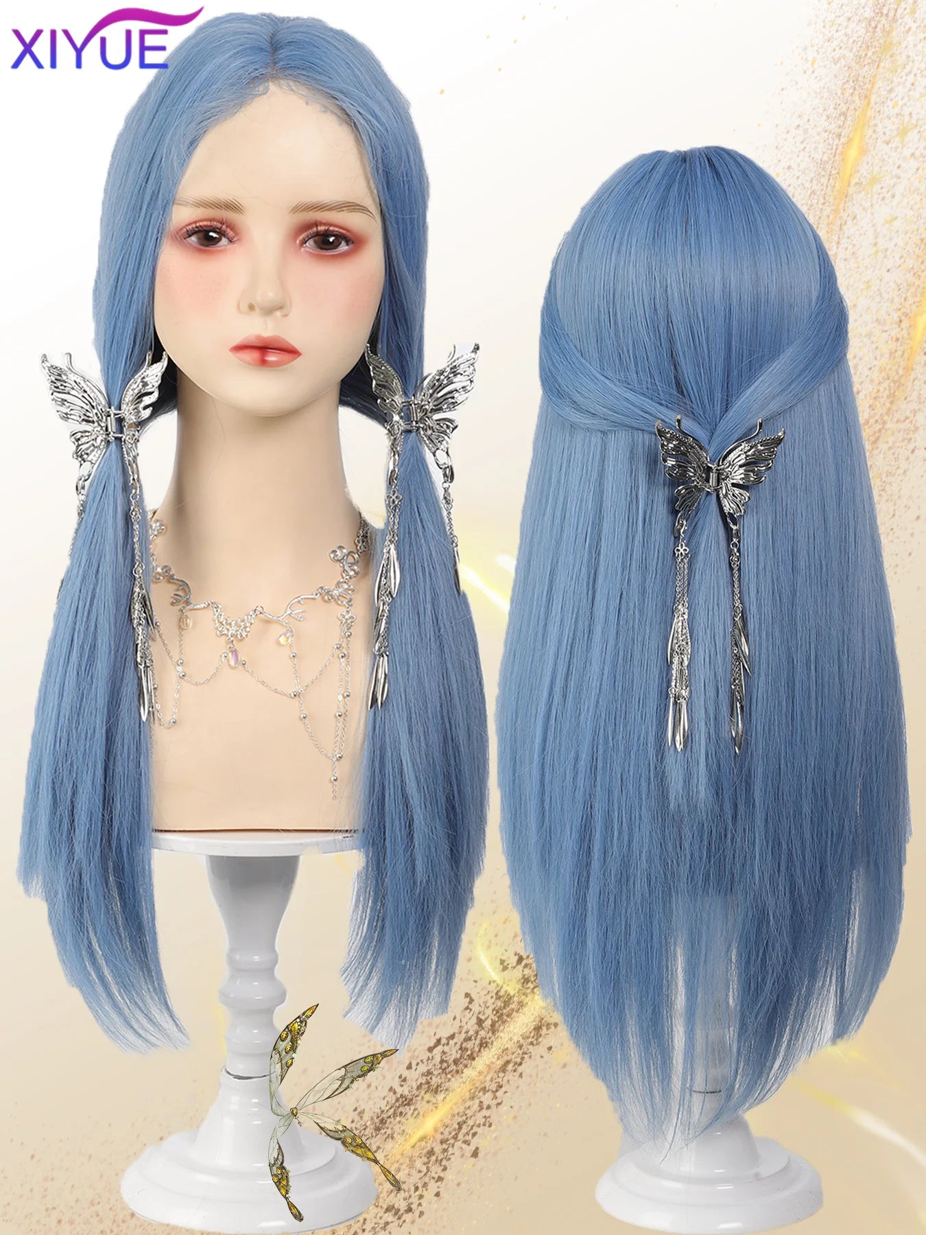 Lace Front Wig Long Straight Synthetic Wigs Light Blue with Ash Highlight Cosplay Wig with Women 、Natural Hair Heat Resistant