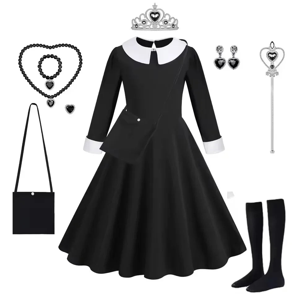 Black Dress Girls TV Series Role Playing Halloween Costume Toddler Adams Weirdo Family Cosplay Apparel