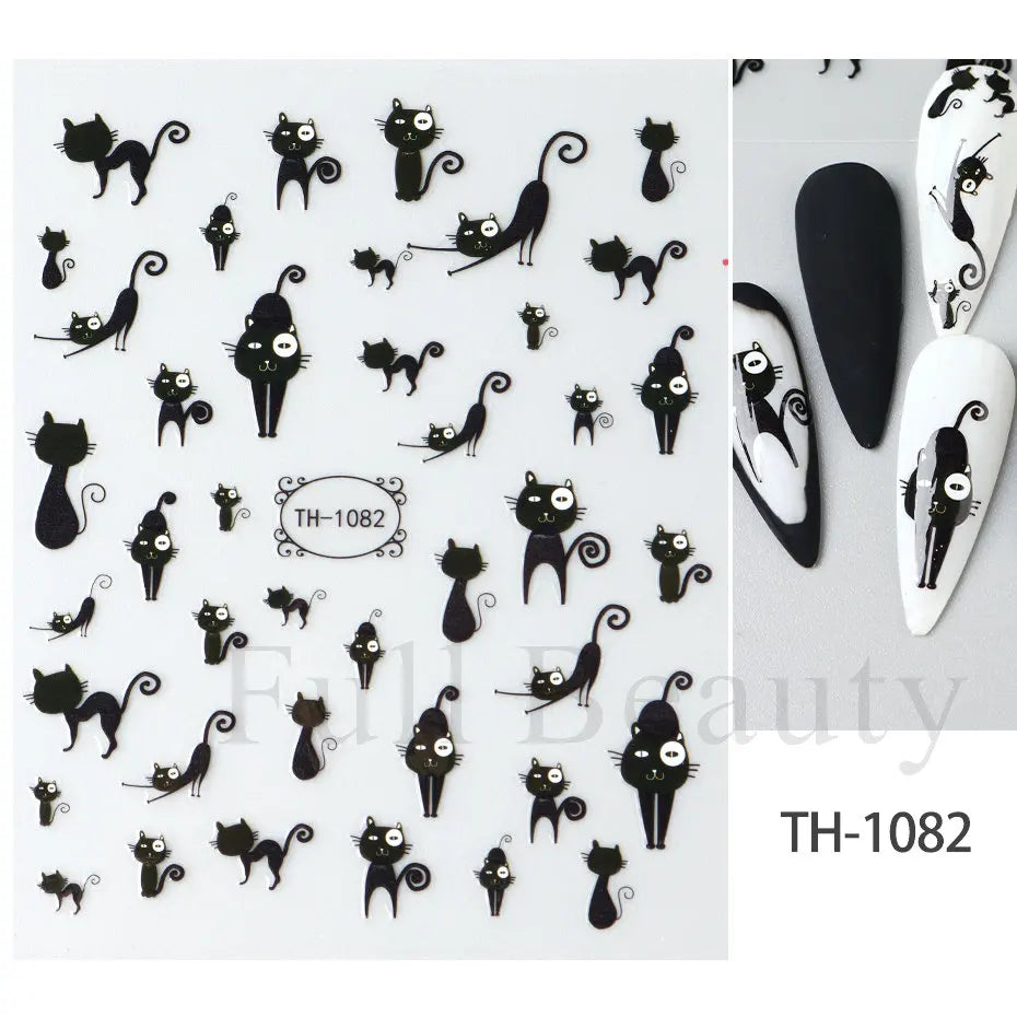 Nail Stickers Halloween Series Bat Skull Bone Ghost Pumpkin Pattern 3D Self Adhesive Decals For Nails Manicure Decoration LATH