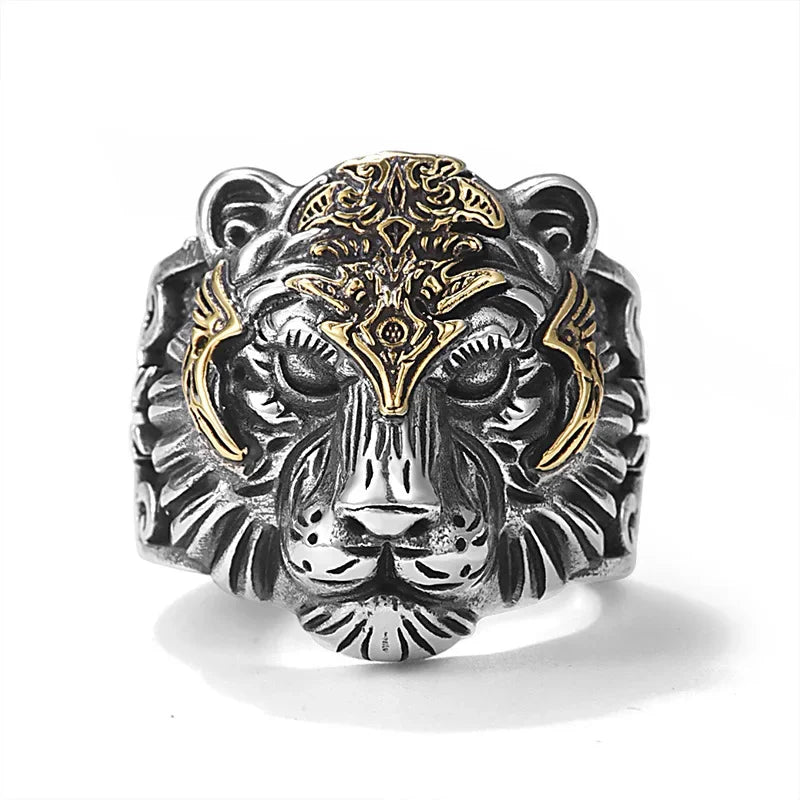 925 Silver Vintage Handsome Golded Tiger Head Mens Rings Hip Hop Style Domineering Ring Suitable for Daily Jewelry Wearing