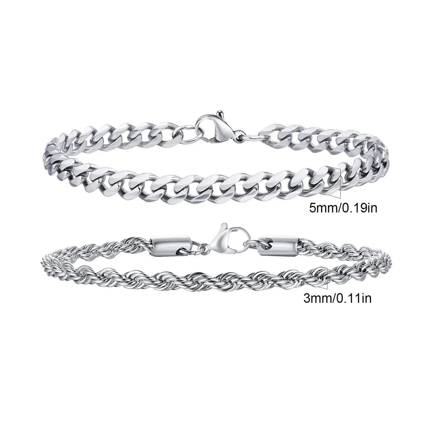 2pcs Men's Chain Bracelets,Silver Gold Black Color Stainless Steel Twisted Rope Chain,Trendy Cuban Chain Wristband Gift