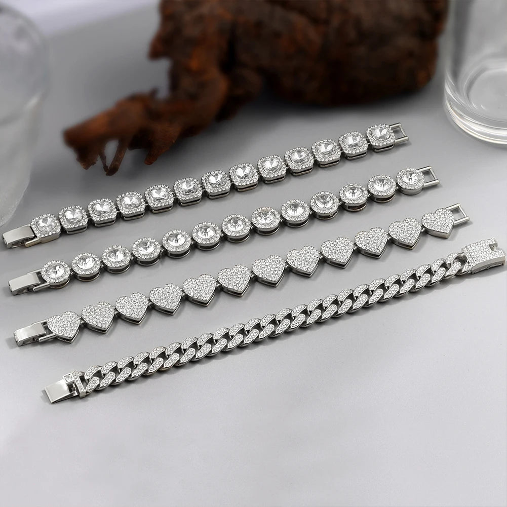 4Pcs Iced Out Chain Cuban Bracelet for Women Men Hip Hop Gold Silver Color Full Rhinestone Heart Circle Square Bracelet Jewelry