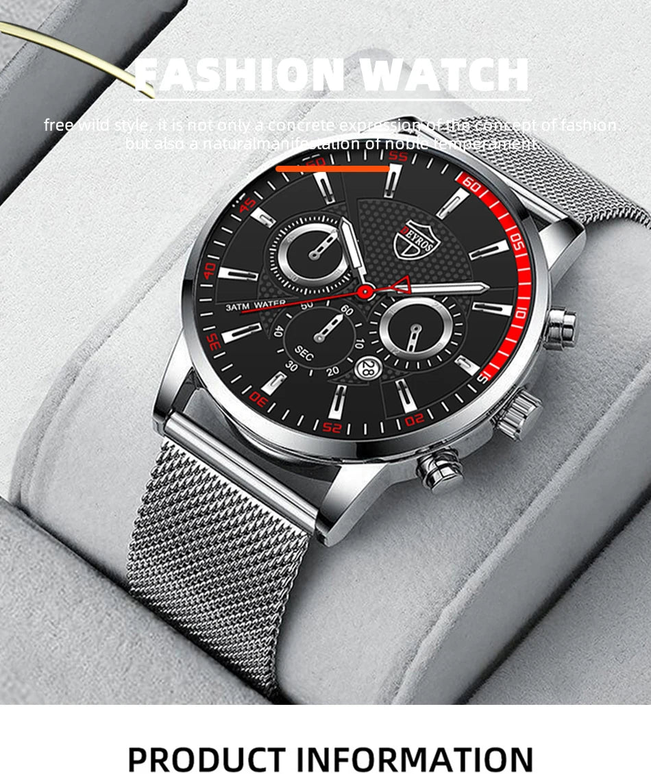 Mens Fashion Sports Watches Men Business Casual Quartz Wrist Watch Luxury Silvery Mesh Belt Watch