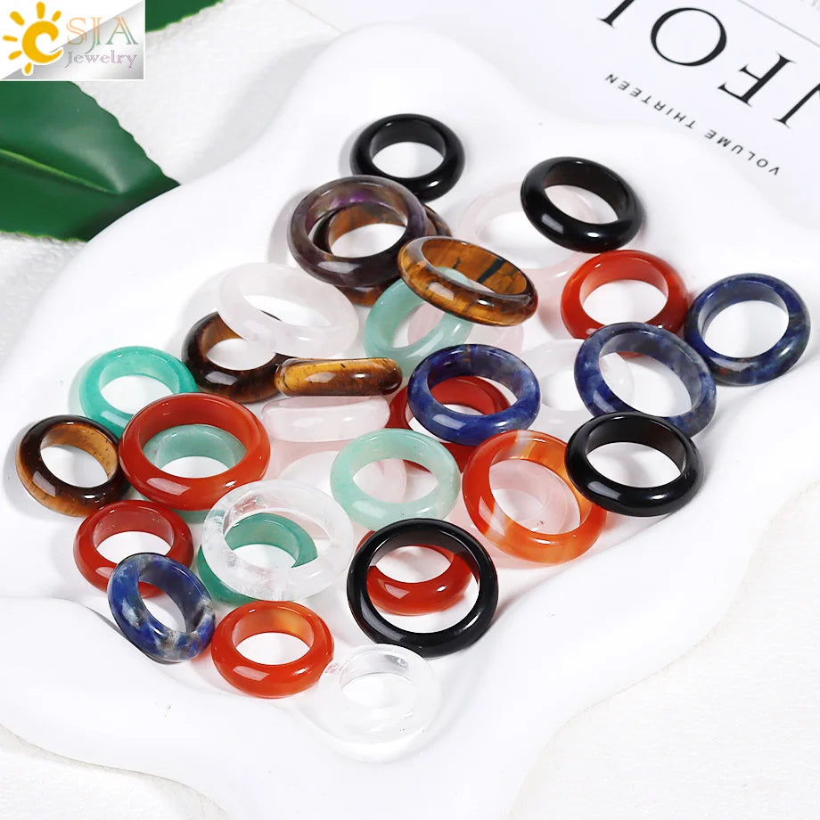 Healing Gem Stone Crystal Band Rings for Men Natural Pink Stone Quartz Red Agates Jaspers Dainty Finger Ring Women Jewelry H474