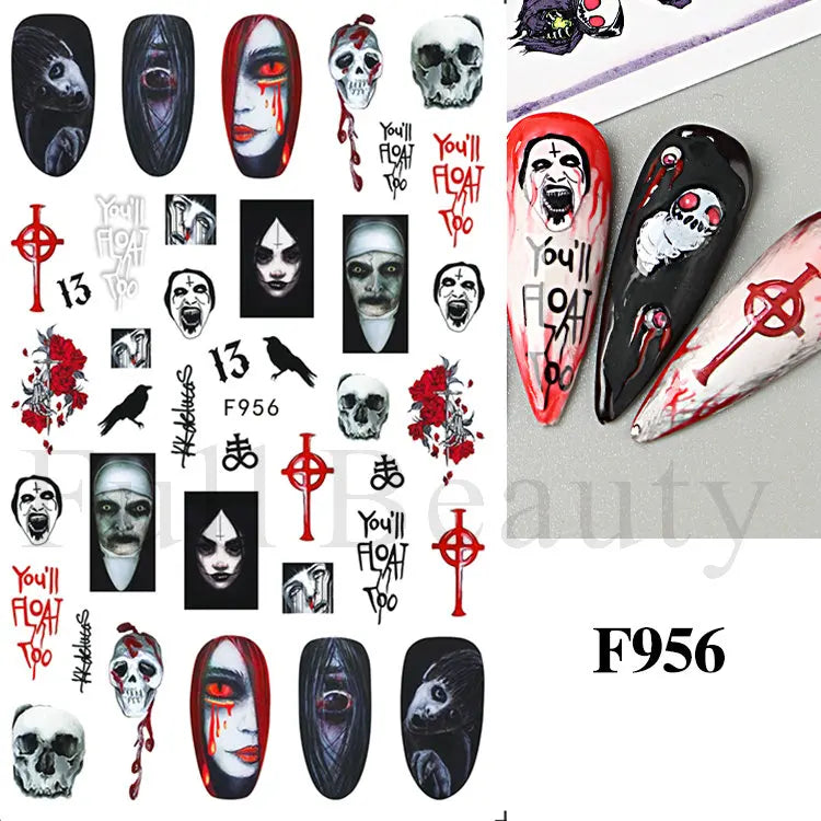 Nail Stickers Halloween Series Bat Skull Bone Ghost Pumpkin Pattern 3D Self Adhesive Decals For Nails Manicure Decoration LATH