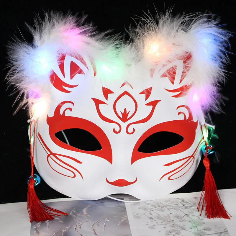 Luminous Led Mask Japanese Foxes Mask Rave Costume Anime Half Face Cat Masks Masquerade Festival Halloween Party Cosplay Props