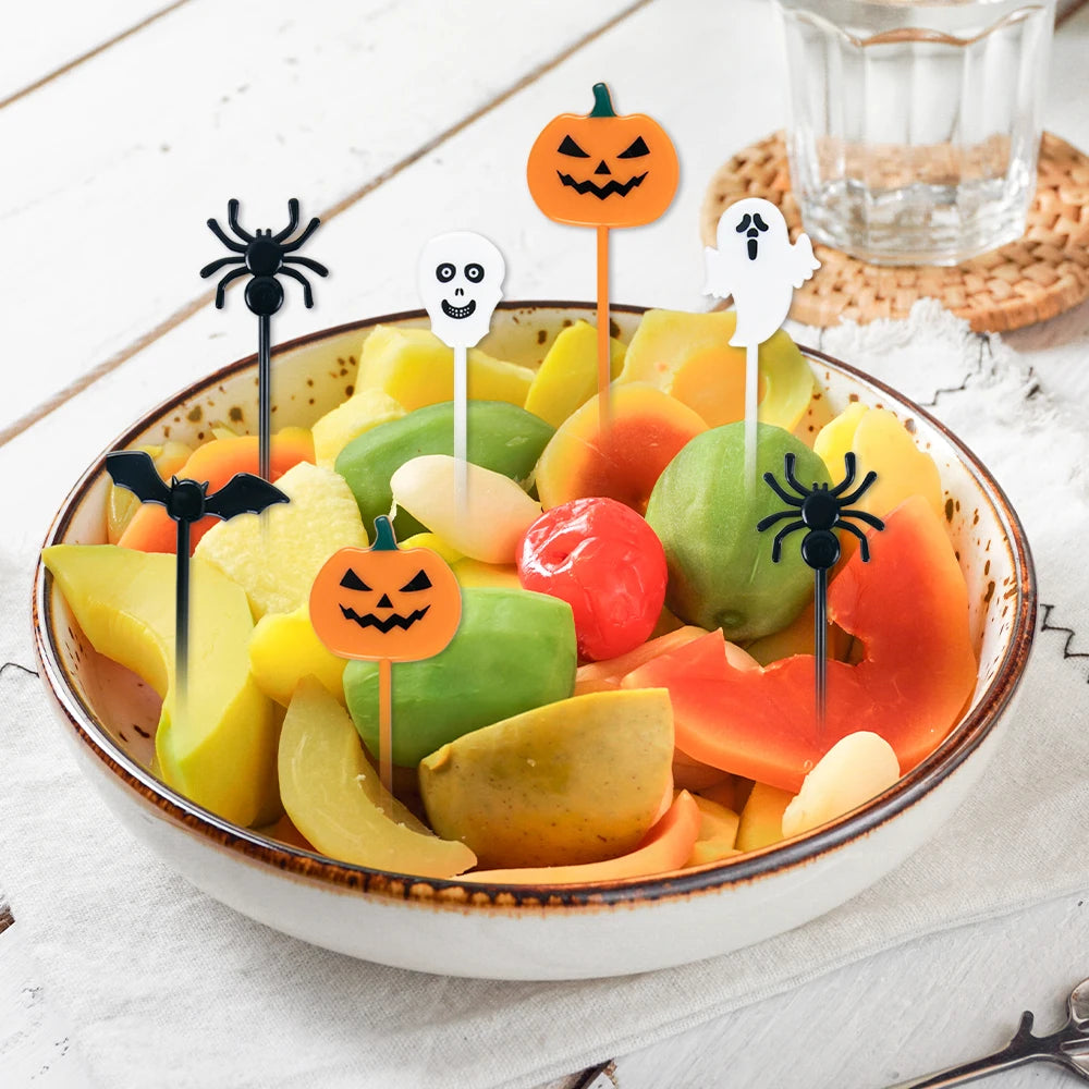 10-30pcs Plastic Halloween Toothpicks Pumpkin Ghost Bat Fruit Fork Dessert Cocktail Cake Decoration Picks Halloween party Supply