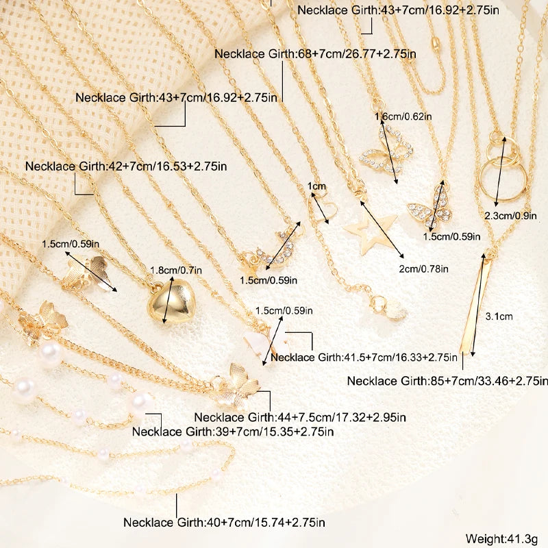 11 Pcs Women's Zircon Necklace Set Gold Color Fashion Love Heart Butterfly Pendant Hypoallergenic Neck Chain Boho Jewelry Gifts