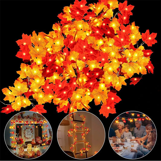 100Pcs Random Color Autumn Artificial Maple Leaf 2M 20LED Light String Garland Thanksgiving for Family Harvest Halloween Decor