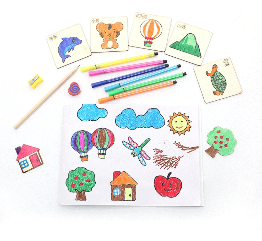 Kids Drawing Toys Montessori DIY Painting Stencils Template Wooden Craft Puzzle Educational Toys for Boys Girls Birthday Gift