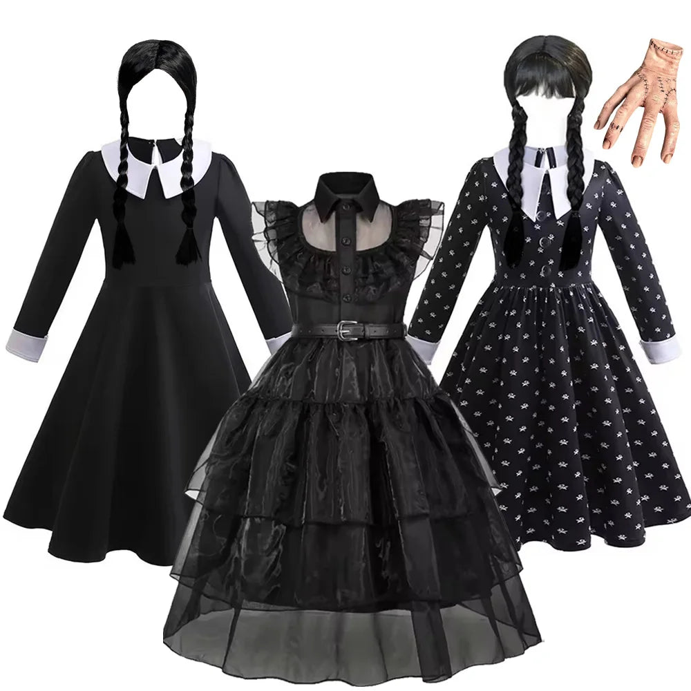 Black Dress Girls TV Series Role Playing Halloween Costume Toddler Adams Weirdo Family Cosplay Apparel