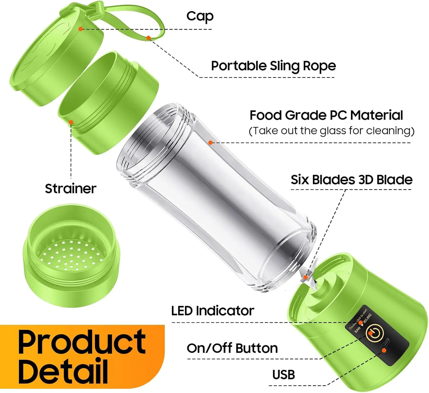 New Mini Portable Blender Bottle USB 6 Blades Fruit Fresh Juicer Smoothies Mixer Machine Crusher Food Processor for Kitchen
