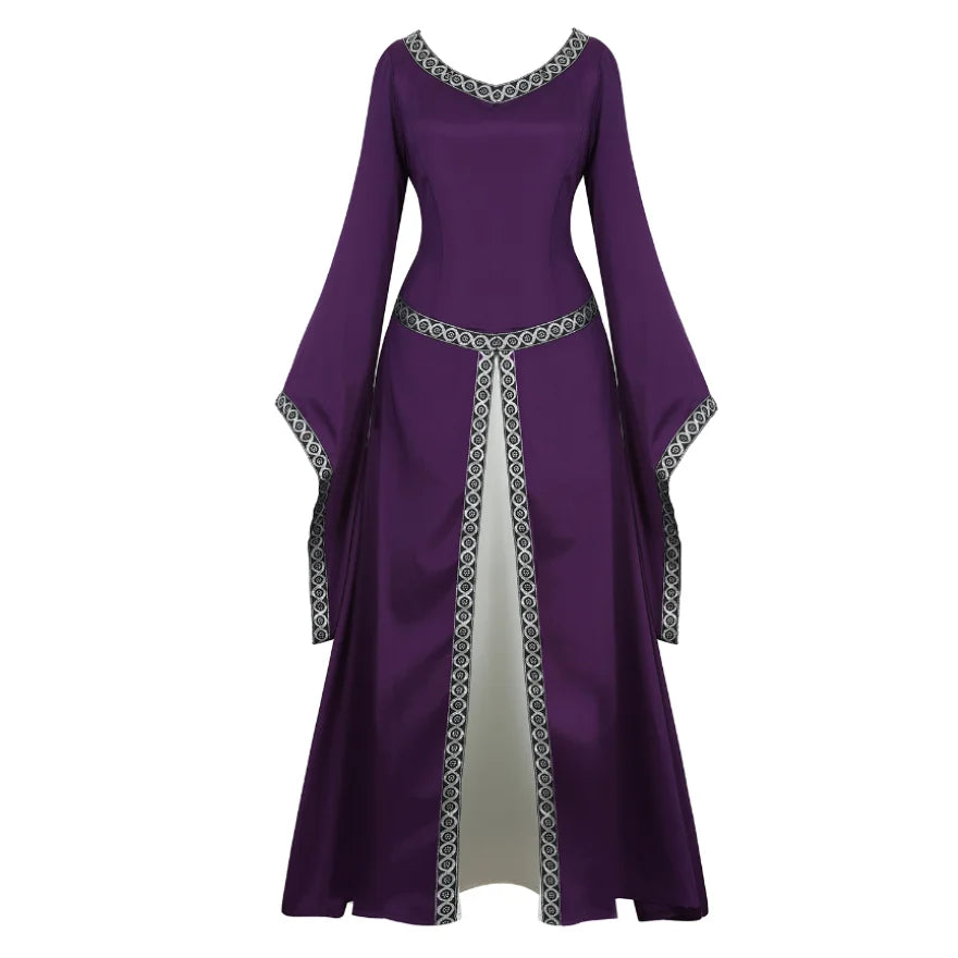 Women Medieval Renaissance Trumpet Sleeve Retro Loor Length Gown Lace Trim Irish Over Long Dress Halloween Costume Plus Size