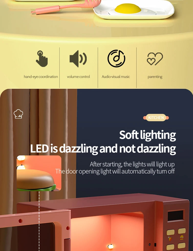 Toy Microwave Oven Playset with Light and Sound, Toy kitchen Appliances for Kids, Play kitchen accessories and Toy Food for Kids