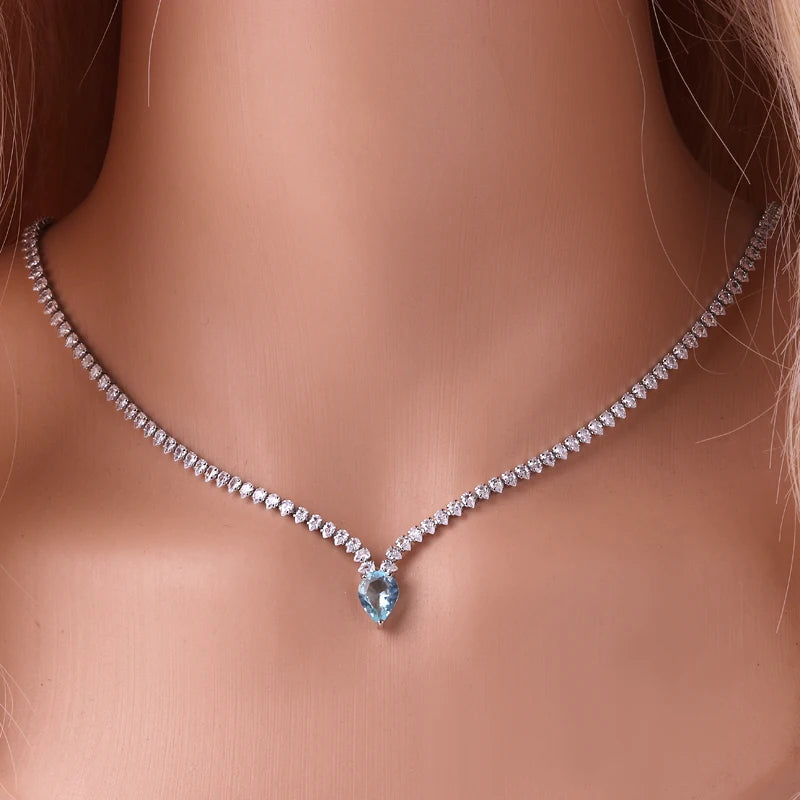 High Quality Iced Out Chain Water Drop Cubic Zirconia Light Blue Necklace for Women 18K Gold Plated Bridal Wedding Party Jewelry