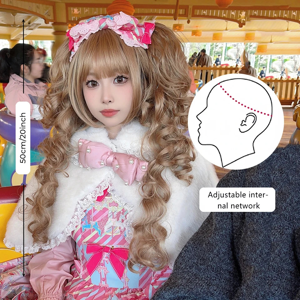 Synthetic Short Lolita Cosplay Christmas Halloween Bob Brown Blonde LM Wig With Long Curly Ponytail Natural Fake Hair for Women
