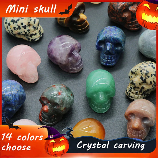 Natural Crystals Skulls Mineral Ghost Head Polished Carved Halloween Gift Desktop Home Decor Stone Crafts Skull Statues 14colors