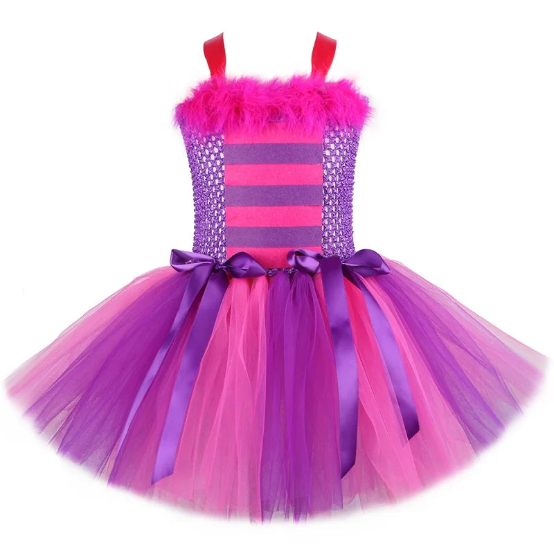 Cheshire Cat Tutu Dress Girls Halloween Carnival Party Clothes Wonderland Alice Cat Costume Kids Fancy Fairy Tale Princess Dress