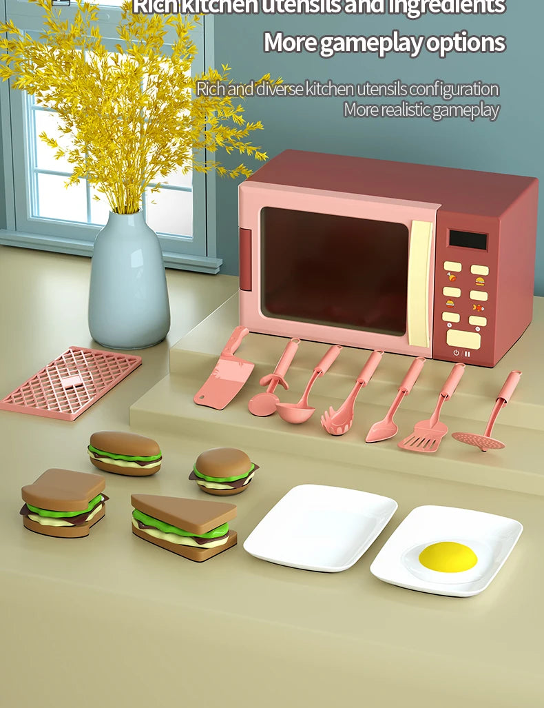Toy Microwave Oven Playset with Light and Sound, Toy kitchen Appliances for Kids, Play kitchen accessories and Toy Food for Kids