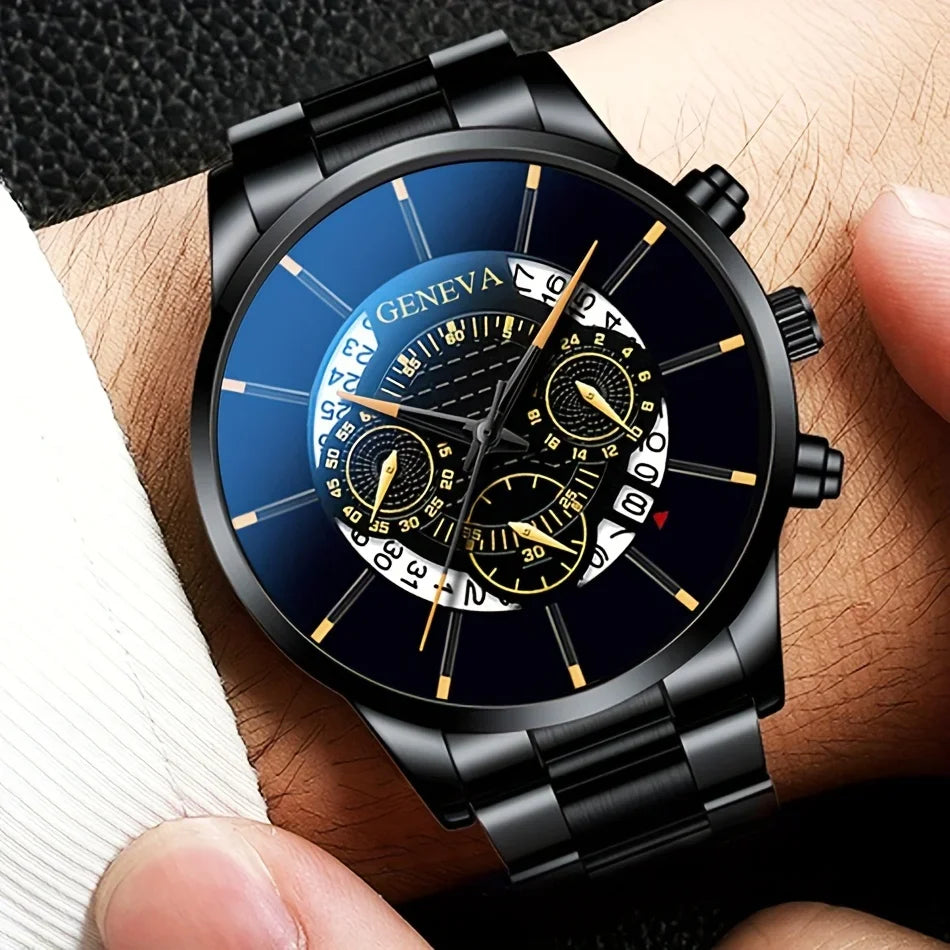 3-piece men's fashionable quartz watch set, stainless steel strap, circular dial, date function, electronic drive,
