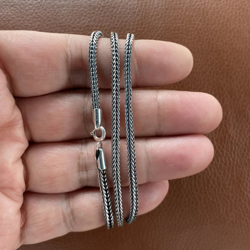 Real Silver Retro Classical Square Fox Tail Chain Necklace For Man Woman S925 Silver Chopin Sweater Chain Necklaces Fine Jewelry