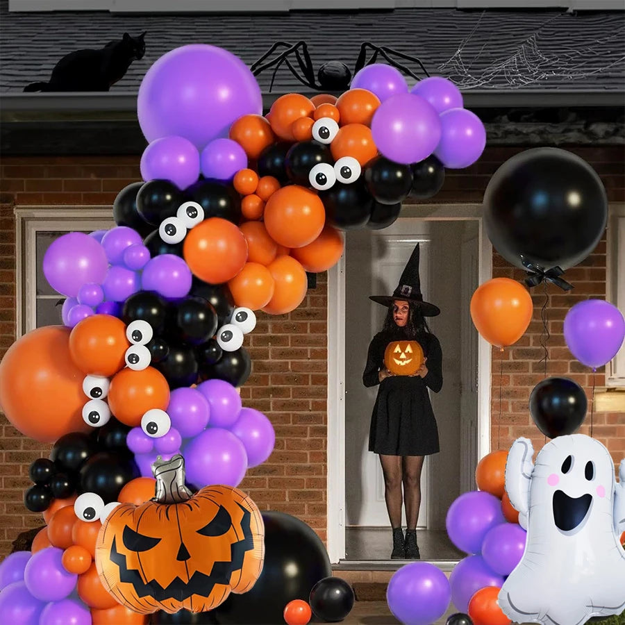 107 Halloween Themed Balloon Arch Set Halloween Pumpkin Ghost with Purple Black Orange Latex Balloon Perfect for Halloween Party Funny Birthday Party Christmas and Evening Party Decoration First Choice