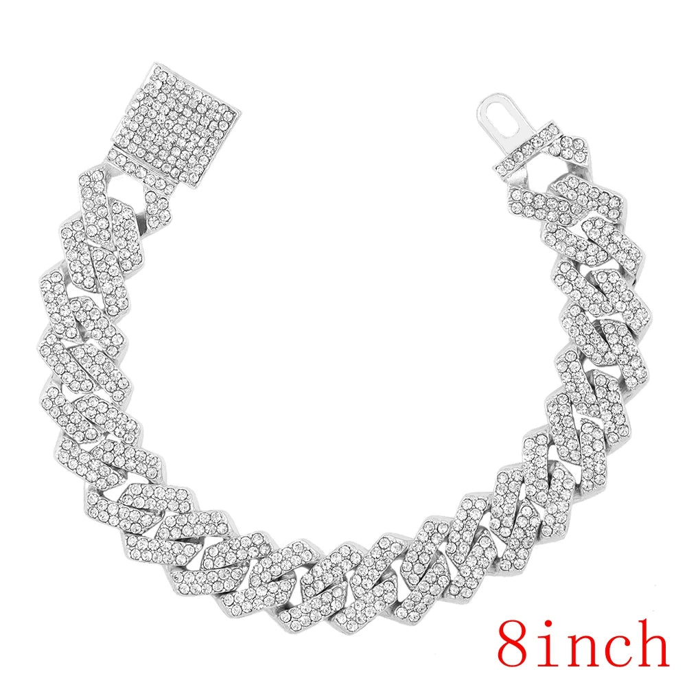 14MM Miami Prong Cuban Link Chain Necklace for Women Gold Silver Color Luxury 2 Row Rhinestones Cuban Choker Iced Out Jewelry