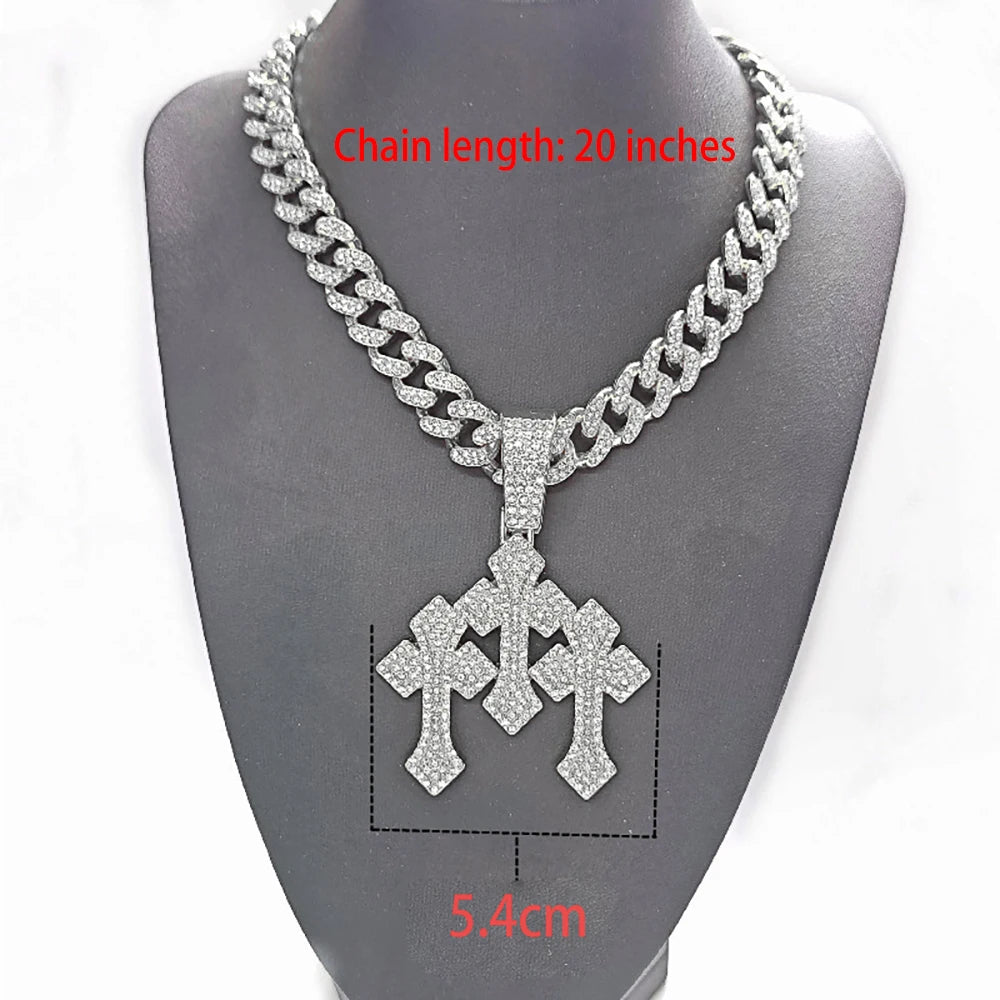 New Iced Out Stacked Crosses Pendant Necklaces for Men With 13mm Cuban Chain Hip Hop Cross Rhinestone Jewelry pendant Gift