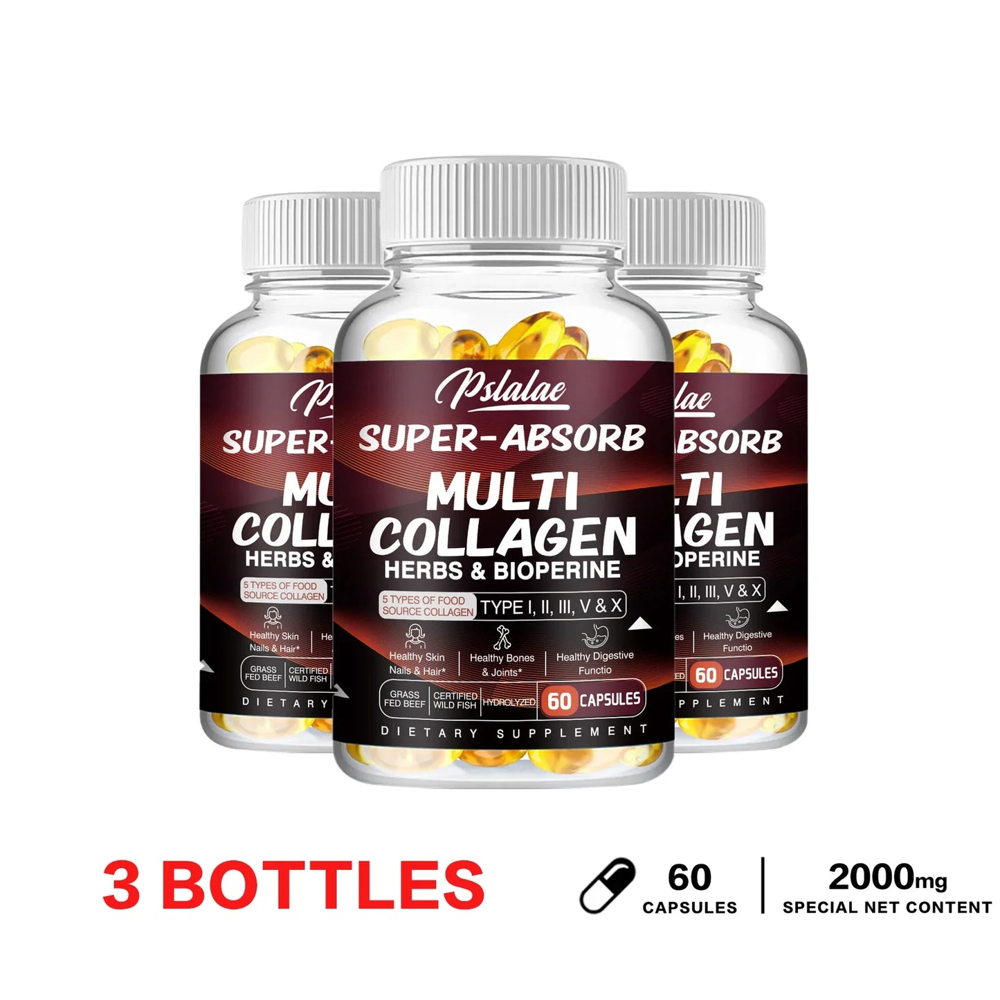 Multi Collagen Pills Organic Herbs and Piperine - Collagen Capsules with Herbs and Piperine (Type I II III V X)