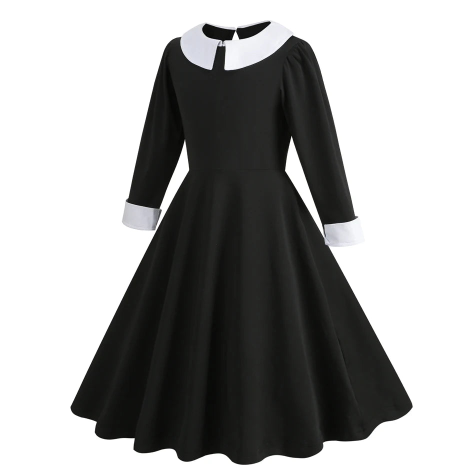 Black Dress Girls TV Series Role Playing Halloween Costume Toddler Adams Weirdo Family Cosplay Apparel