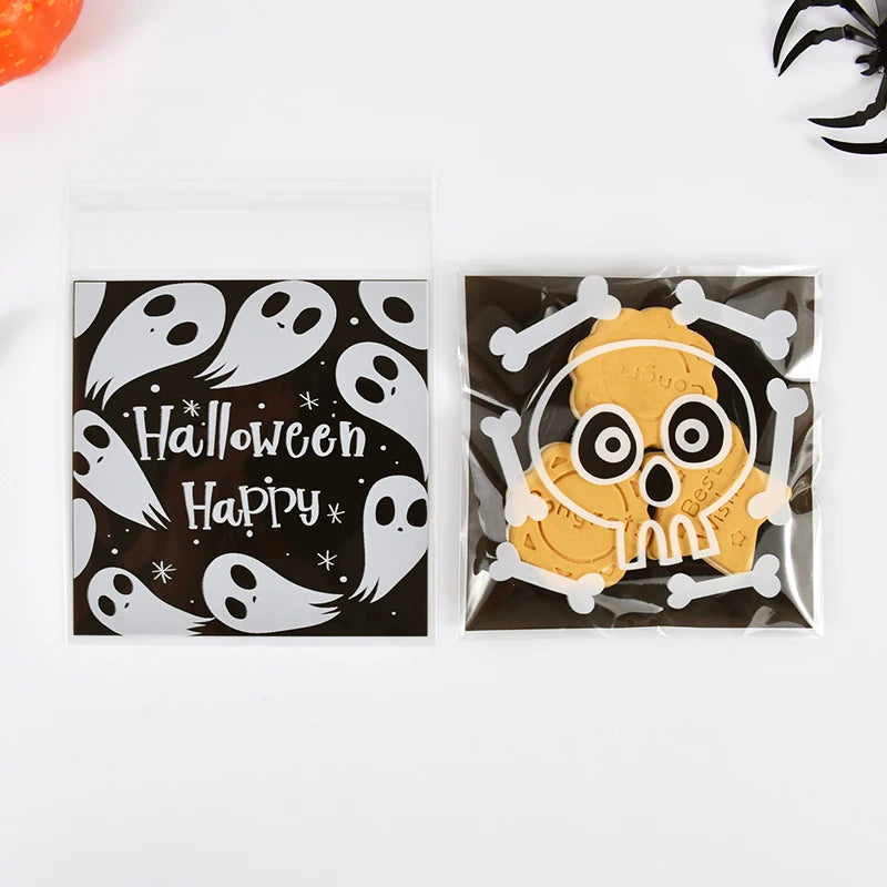 100Pcs Halloween Candy Bags Pumpkin Ghost Plastic Gift Cookie Packaging Bags Halloween Party Decor Supplies Kids Trick or Treat