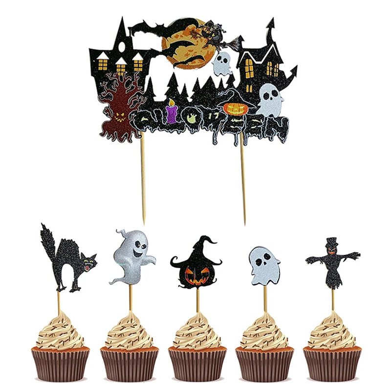 6pcs Happy Halloween Cake Topper Cartoon Pumpkin Witch Ghost Cupcake Topper  Halloween Themed Party Decoration Birthday Supplies