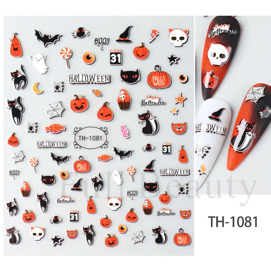Nail Stickers Halloween Series Bat Skull Bone Ghost Pumpkin Pattern 3D Self Adhesive Decals For Nails Manicure Decoration LATH