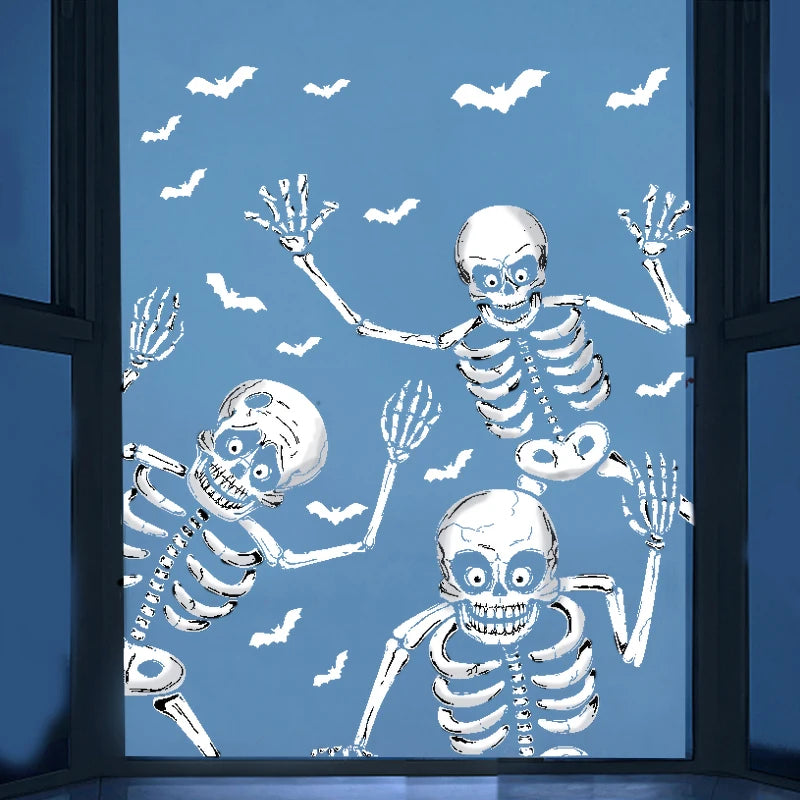 4Pcs Halloween Large Skeleton Wall Stickers Human Skull Bones Bat Window Stickers Halloween Party Scary Home Room Decal Decors