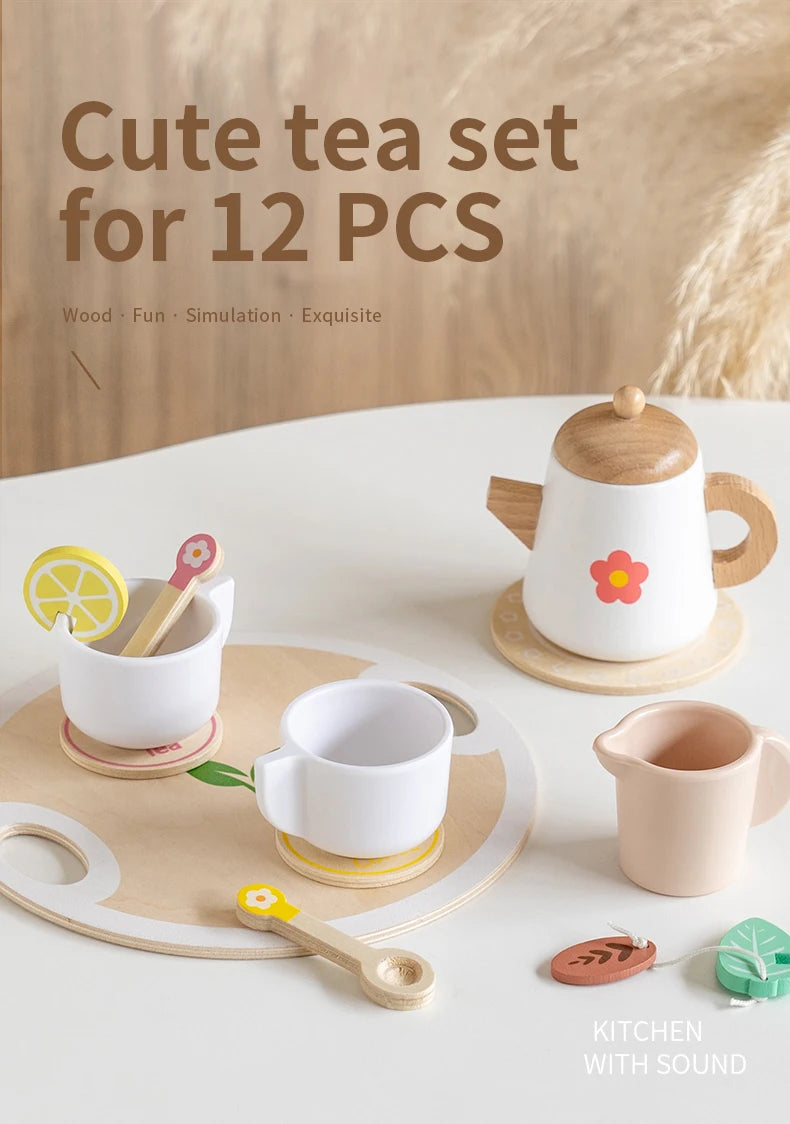 Kids Simulation Wooden Dessert Food Toys Kitchen Cookies Coffee Afternoon Tea Pretend Play Toys for Boy Girls Birthday Xmas Gift