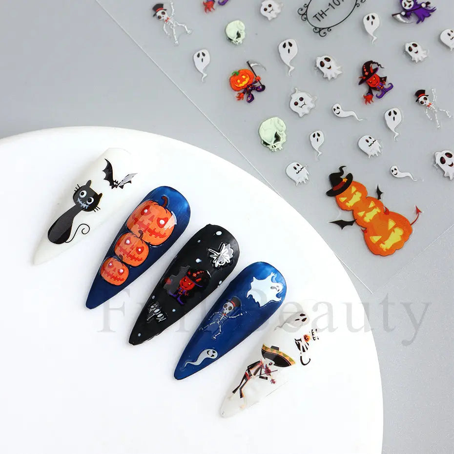 Nail Stickers Halloween Series Bat Skull Bone Ghost Pumpkin Pattern 3D Self Adhesive Decals For Nails Manicure Decoration LATH