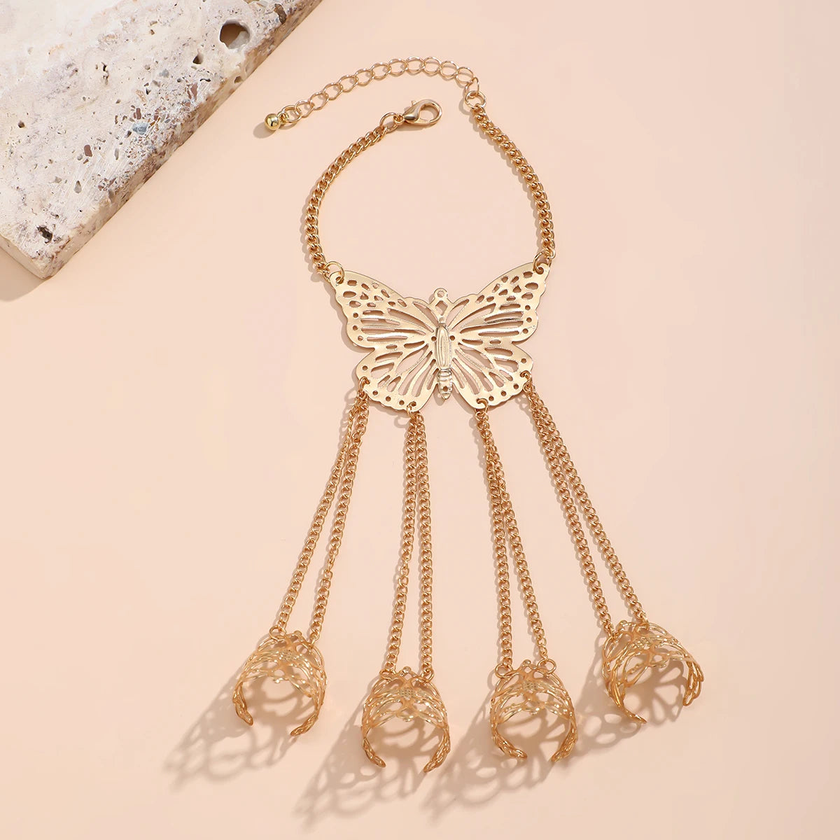 PuRui Punk Metal Finger Rings Bracelet for Women Butterfly Charm Hand Back Chain Bangles Fit Halloween Party Girls Jewelry Gift